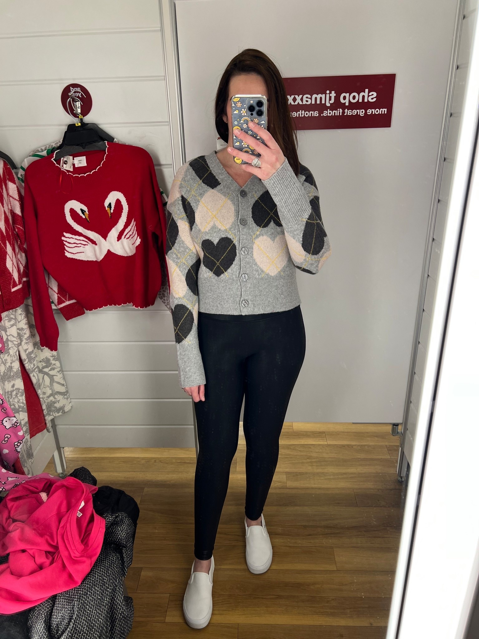 Grey black and white heart sweater (xs). Black faux leather leggings (s). White slip on sneakers (8.5). #sweater #heartsweater #greyheartsweater #leggings #fauxleatherleggings #blackleggings #sneakers #whitesneakers #sliponsneakers 
valentines day outfit women
valentines outfit women @tjmaxx @Spanx @DSW 

#LTKootd #LTKSeasonal