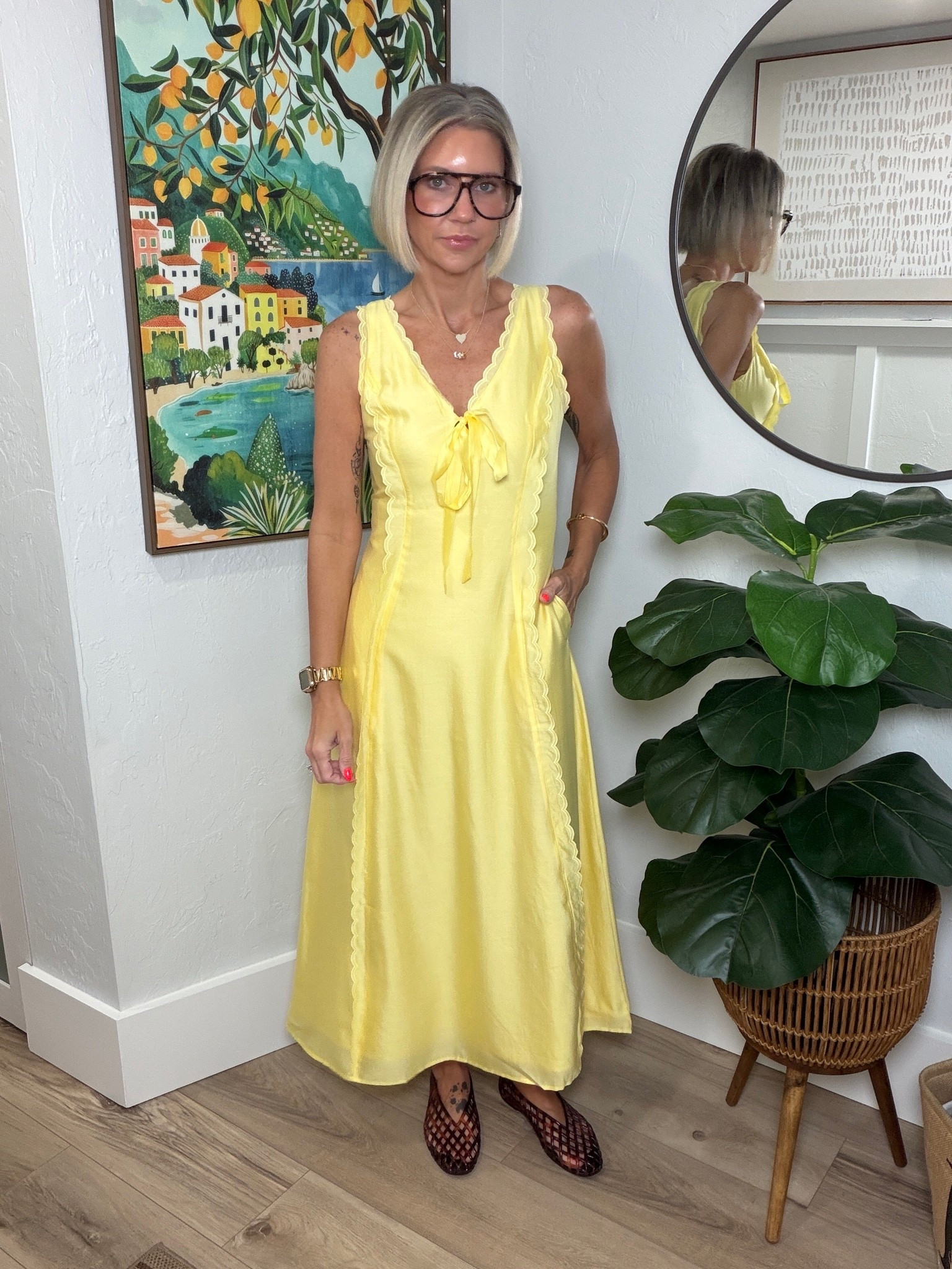 This dress is the perfect shade of butter yellow! It’s completely line and it has pockets! I’m wearing a zero and definitely recommend sizing down. 

My jellies are ridiculously comfortable! I walked around all day in them yesterday and no one blister!!

#LTKootd #LTKgrwm #LTKOver40