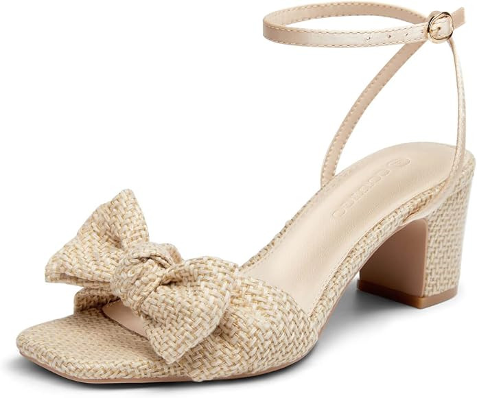 Coutgo Womens Bow Heels Sandals Block Low Heel Wedding Bride Dressy Shoes Open Toe Ankle Strap Sa... | Amazon (US)