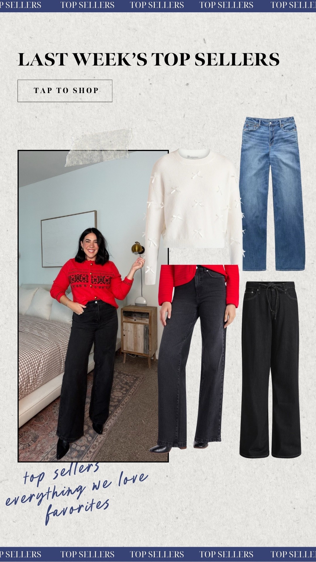 Top sellers from last week! Everything you loved including Walmart high rise jeans, bow sweater, and tie jeans. My fav dreamy drape American Eagle jeans. 

Top sellers. Midsize jeans 

#LTKSeasonal #LTKFindsUnder50 #LTKMidsize