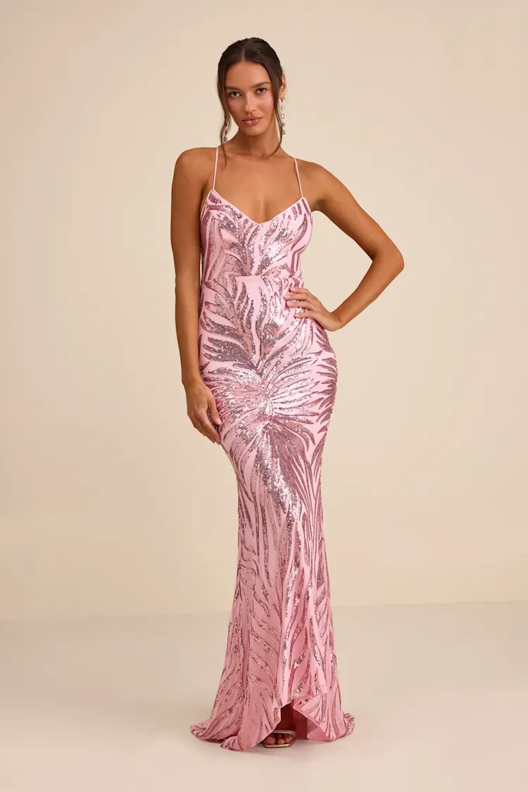 Sparkle 'til Dawn Light Pink Sequin Lace-Up Mermaid Maxi Dress | Lulus