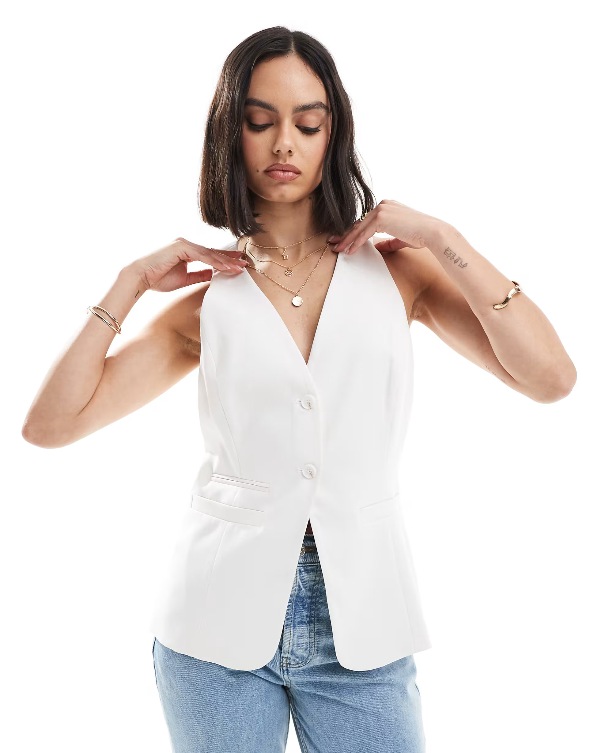 Bershka longline tailored vest in off white | ASOS (Global)