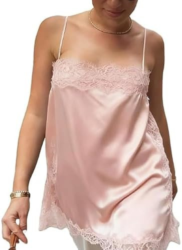 Women Satin Tops Slik Lace Patchwork High Low Square Neck Spaghetti Strap Tank Top Cami Lace Tuni... | Amazon (US)