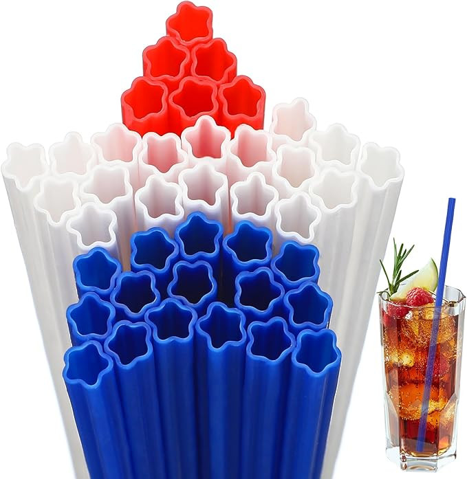 60 Pcs Plastic Straws Red Blue White Star Shaped Straws Patriotic Disposable Drinking Cute Straw ... | Amazon (US)