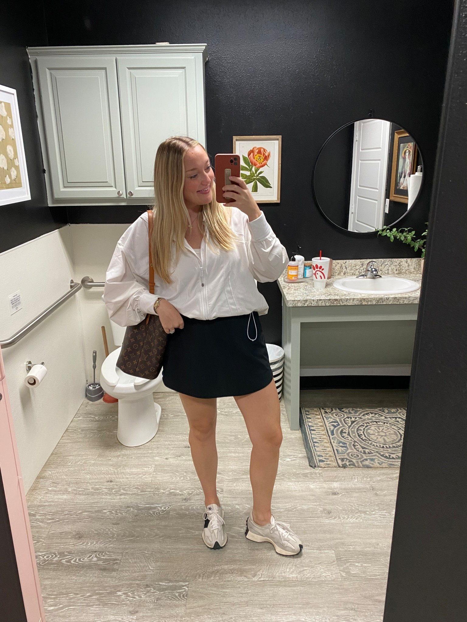 Athleisure Outfit 

Jacket- size 12 
Skirt- L 
Sneakers- 8

#LTKFindsUnder100 #LTKStyleTip