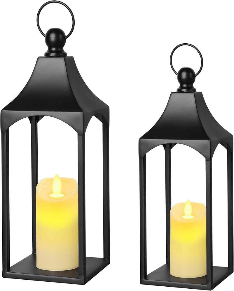 Eufrozy Lanterns Decorative Outdoor Indoor Set of 2 Black Metal Candle Lanterns with Flameless Ca... | Amazon (US)