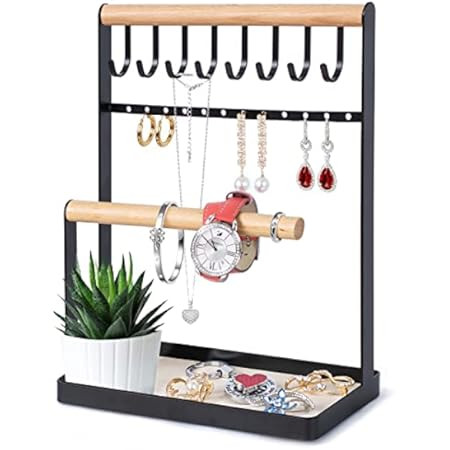 Jewelry Stand Holder, 3-Tier Necklace Hanging Wooden Ring Organizer Earring Tray, 8 Hooks Storage Ne | Amazon (US)
