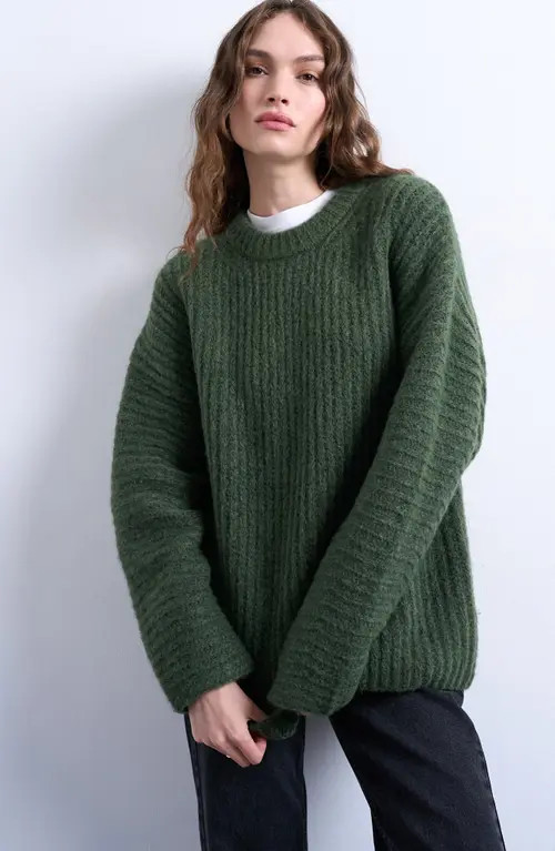 Topshop Rib Puff Sleeve Sweater in Medium Green at Nordstrom, Size Large | Nordstrom
