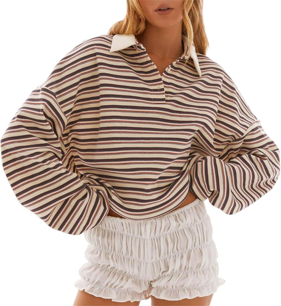 Y2k Women Striped Oversized Rugby Shirts Teen Girls Vintage Polo Sweatshirt Long Sleeve Button do... | Amazon (CA)