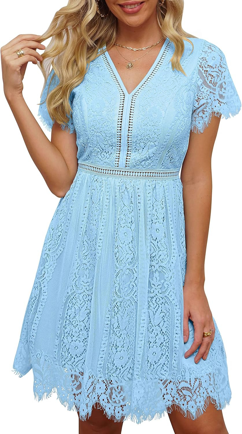 MEROKEETY Women's V Neck Floral Lace Wedding Dress Short Sleeve Cocktail Party Dress | Amazon (US)