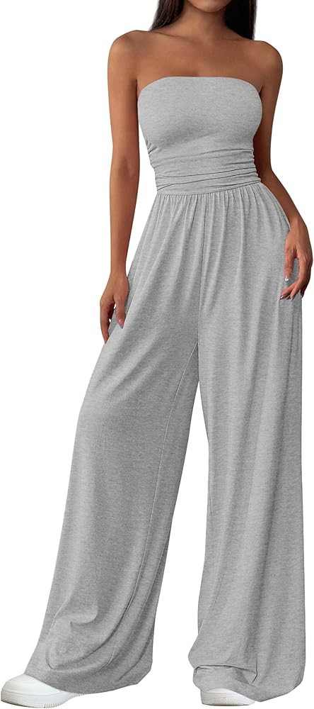 PRETTYGARDEN Womens Trendy Strapless Rompers 2026 Ruched Tube Top Wide Leg One Piece Jumpsuits Be... | Amazon (US)