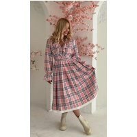 Pink Plaid Flannel Midi Dress - Long Sleeve Cotton Checkered | Etsy (US)