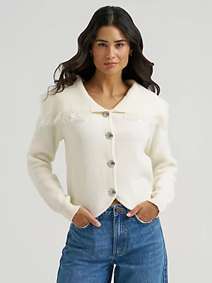Women's Heartland Fringe Collar Cardigan Sweater in White | Wrangler