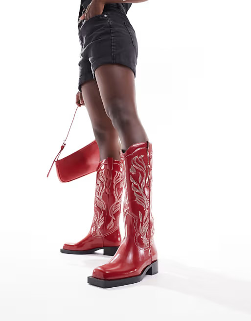 Stradivarius faux leather square toe western boots in red | ASOS (Global)