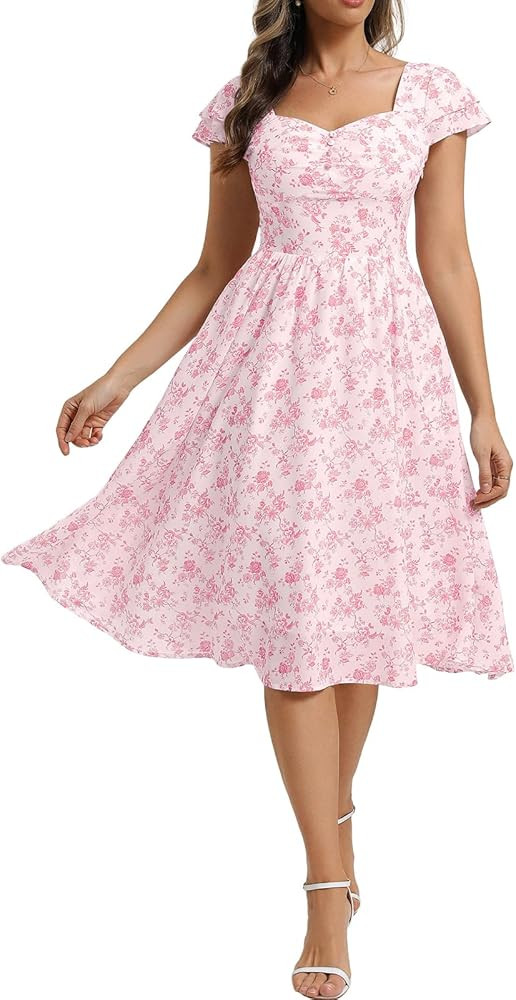Belle Poque Women's Sweatheart Neck Ruffle Cap Sleeve Floral Dress 2026 Summer Ruched Midi Elegan... | Amazon (US)