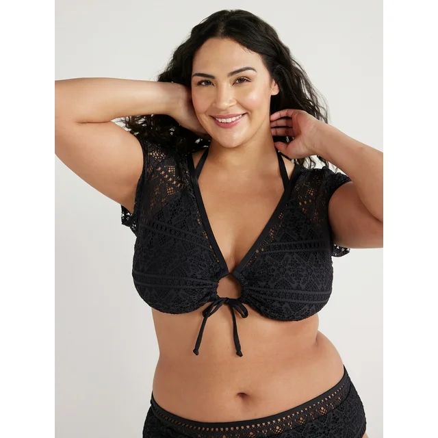 Time and Tru Women's and Plus Crochet Swimsuit Top with Short Sleeves, Sizes S-2X | Walmart (US)