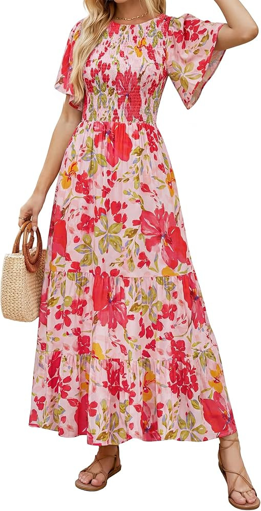 ZESICA Women's 2026 Spring Boho Floral Maxi Dresses Casual Short Flutter Sleeve Smocked Tiered Fl... | Amazon (US)