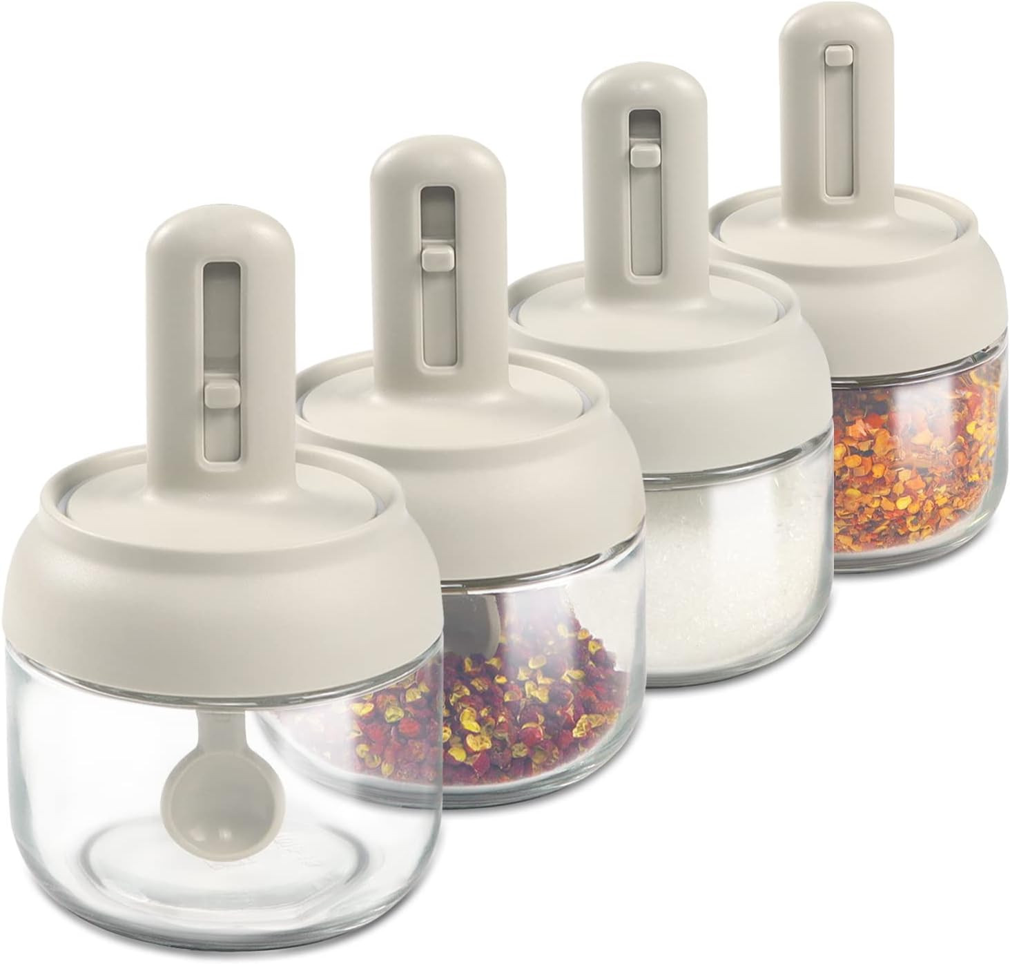 LELE LIFE 4 Pack Glass Seasoning Jars with Retractable Spoon and Lid, Air-Tight Seasoning Containers Spice Jars, 9oz Sugar Container Salt Cellar Box, Condiment Containers with Lids | Amazon (US)