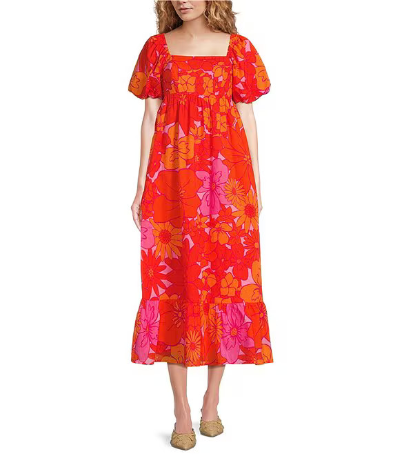 Lizzie Square Neck Short Puff Sleeve Babydoll Midi Dress | Dillard's