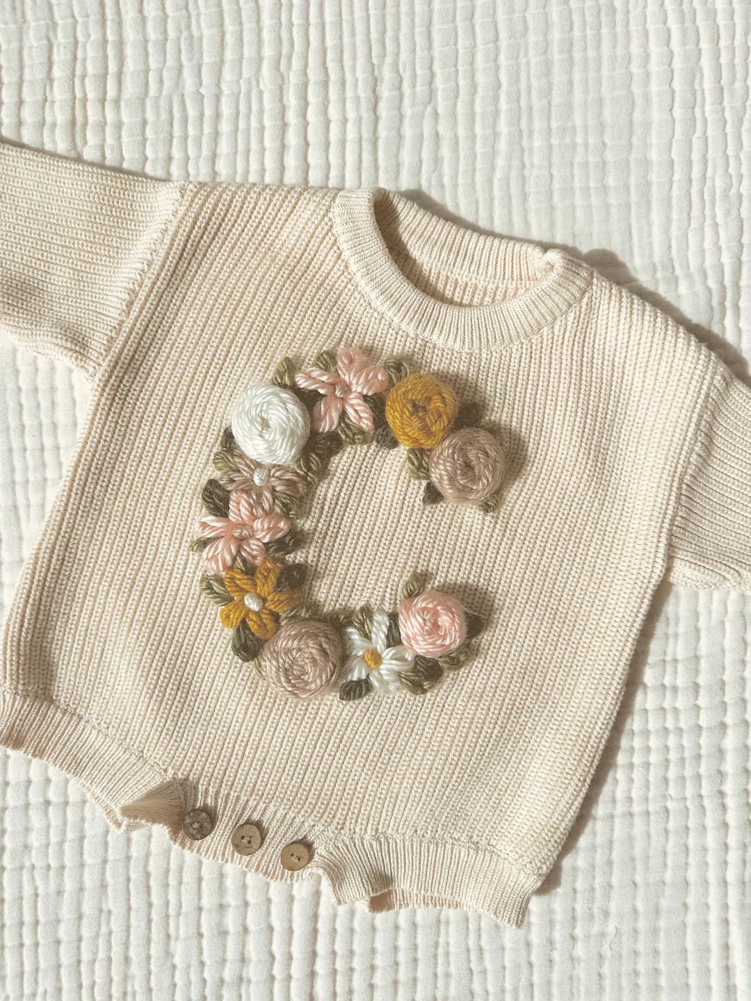 Floral Initial Baby Sweater | Hand Embroidered Onesie | Custom Baby Gift | Embroidered Floral Let... | Etsy (US)