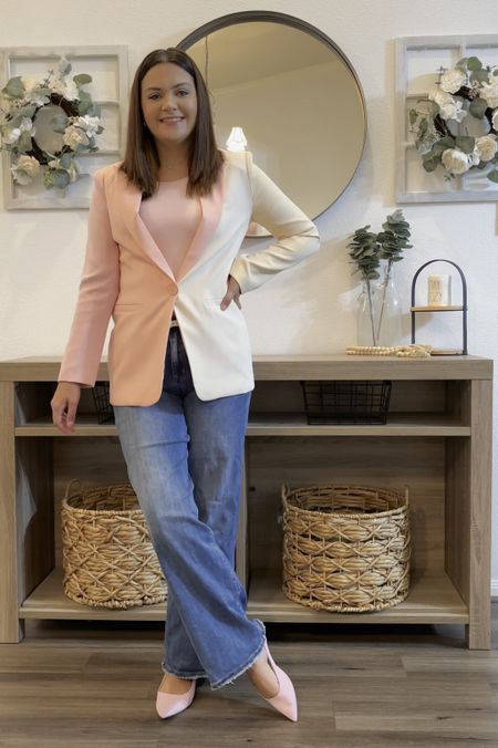 Casual work style, vici denim, pink colorblock blazer, pink flats. Amazon fashion finds, pink body suit, how to style denim for work. 

#LTKstyletip #LTKmidsize #LTKworkwear