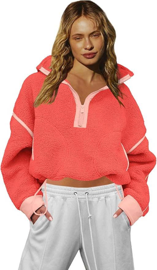 LAMISSCHE Half Zip Sweatshirt Women Oversized Sherpa Jacket V Neck Fleece Pullover Hoodie with Po... | Amazon (US)