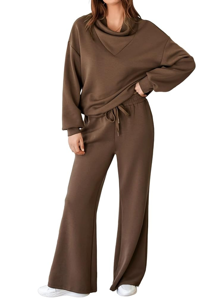 Aleumdr Women's 2 Piece Outfits Lounge Set Mock Neck Long Sleeve Sweatshirt With Wide Leg Pants S... | Amazon (US)