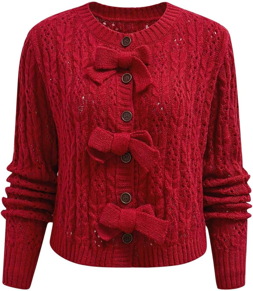 CHICWISH Women Hollow Out Cable Knit Cardigan Bowknot Button Up Crewneck Long Sleeve Casual Sweat... | Amazon (US)