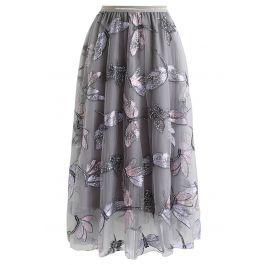 Sequin Dragonfly Embroidery Mesh Tulle Skirt in Grey | Chicwish