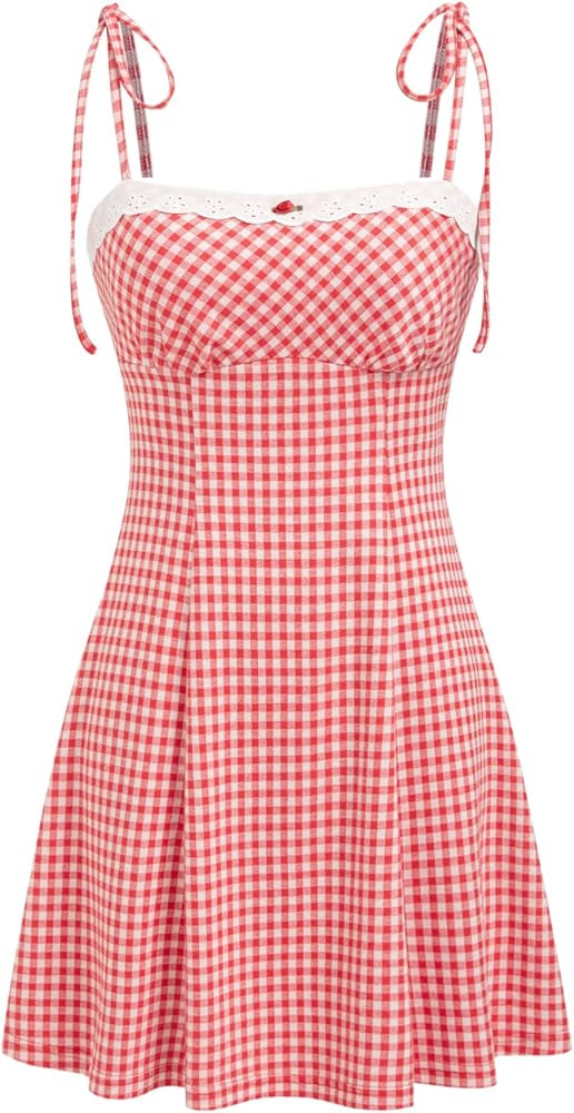 CIDER Womens Summer Gingham Dress Plaid Tie Spaghetti Strap Sleeveless Lace Trim Cute A Line Casu... | Amazon (US)