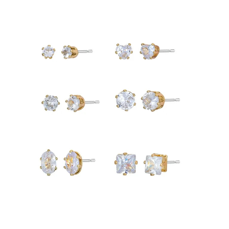 Time and Tru Women's Jewelry Essentials Simulated Diamond Stud Earrings, 6-Pack | Walmart (US)