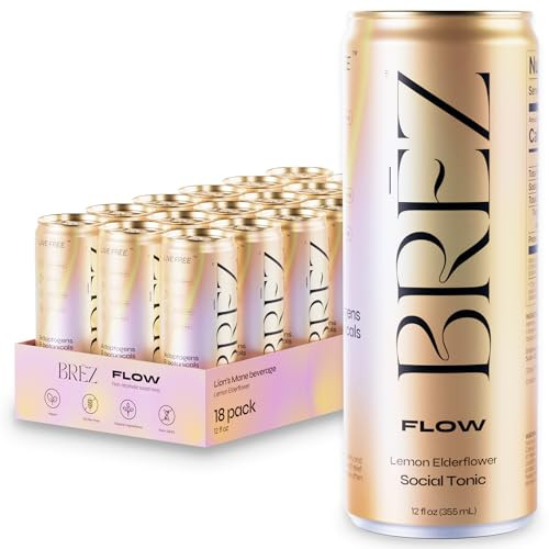 BREZ FLOW Lion’s Mane Mushroom Drink, 18-Pack, Non-Infused, Adaptogens, Relieving, Uplifting, and Social, Sparkling Lemon Elderflower Tonic 12 Fl oz | Amazon (US)