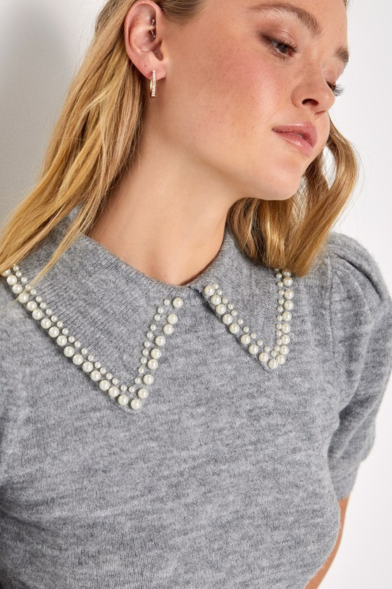 Classy Sophistication Heather Grey Pearl Collar Sweater Top | Lulus