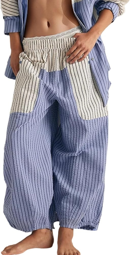 Womens Summer Striped Pants Casual Baggy Wide Leg Color Block Trousers Y2K Patchwork Pants with P... | Amazon (US)