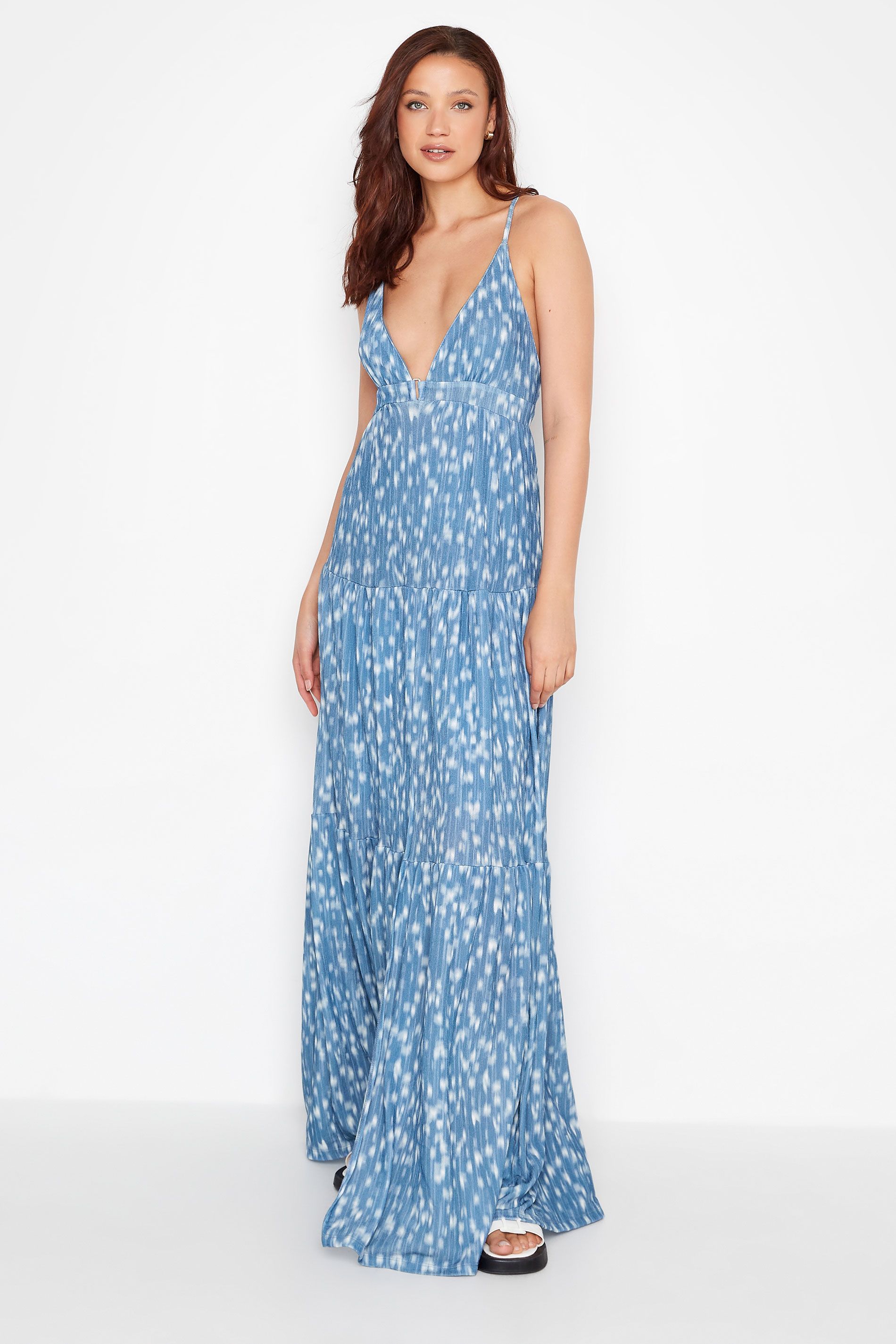 LTS Tall Blue Spot Print Cross Back Tiered Maxi Dress | Long Tall Sally