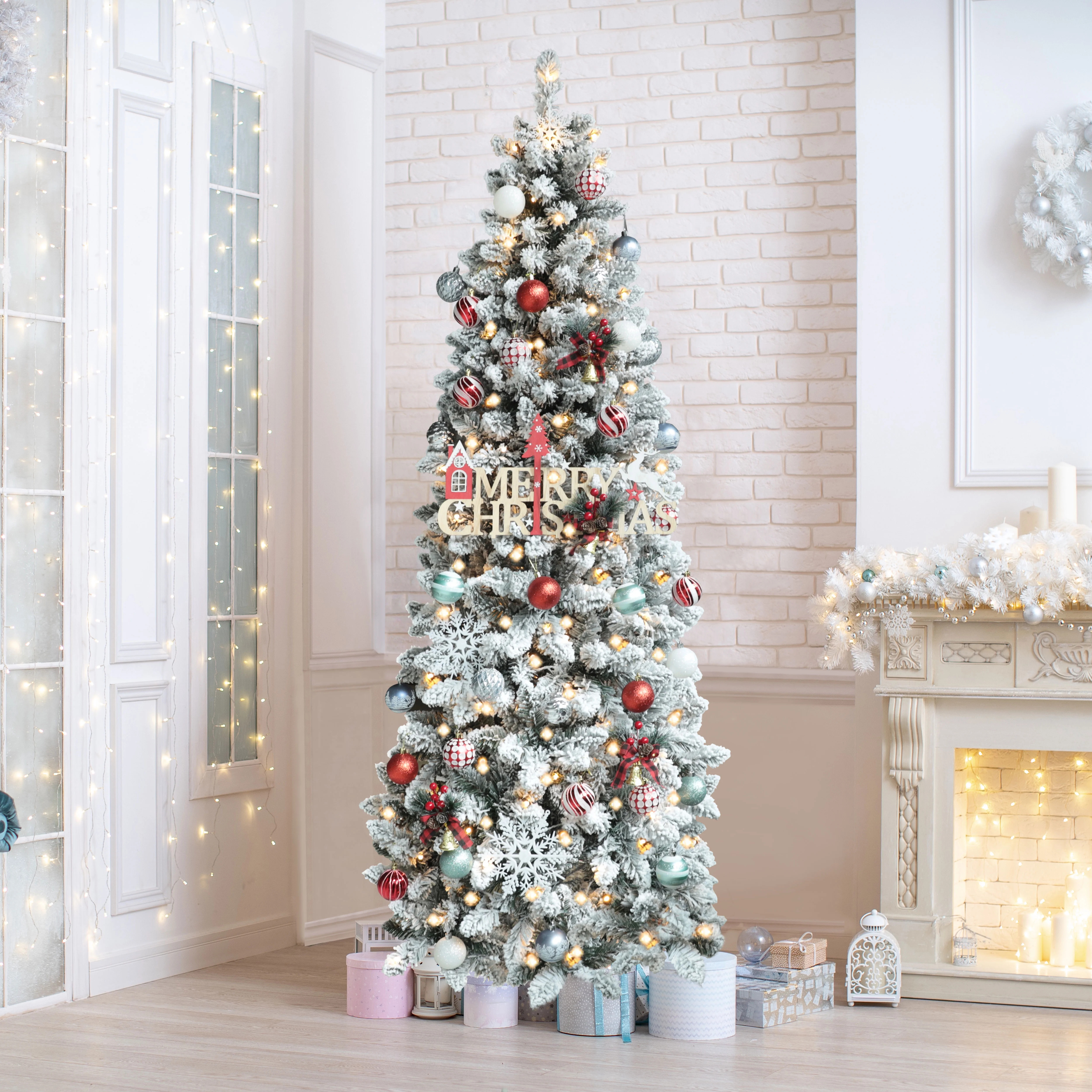 VEIKOUS 6ft Christmas Pencil Tree Snow Flocked Prelit for Holiday Decor w/200 Lights & 600 Tips, ... | Walmart (US)
