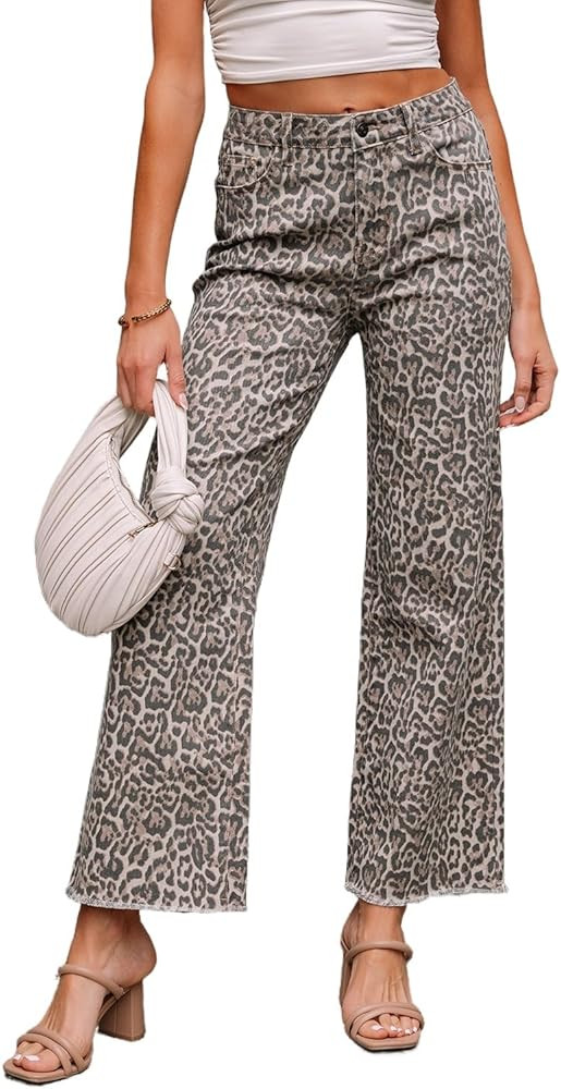 Apvirdy Women's Leopard Frayed Edge Denim Pants Wide Leg High Waist Trendy Elegant Jeans 2025 | Amazon (US)