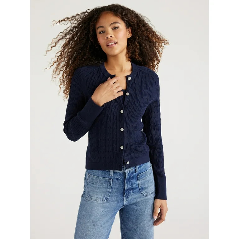 Free Assembly Women’s Cable Knit Cardigan Sweater with Long Sleeves, Lightweight, Sizes XS-XXXL | Walmart (US)