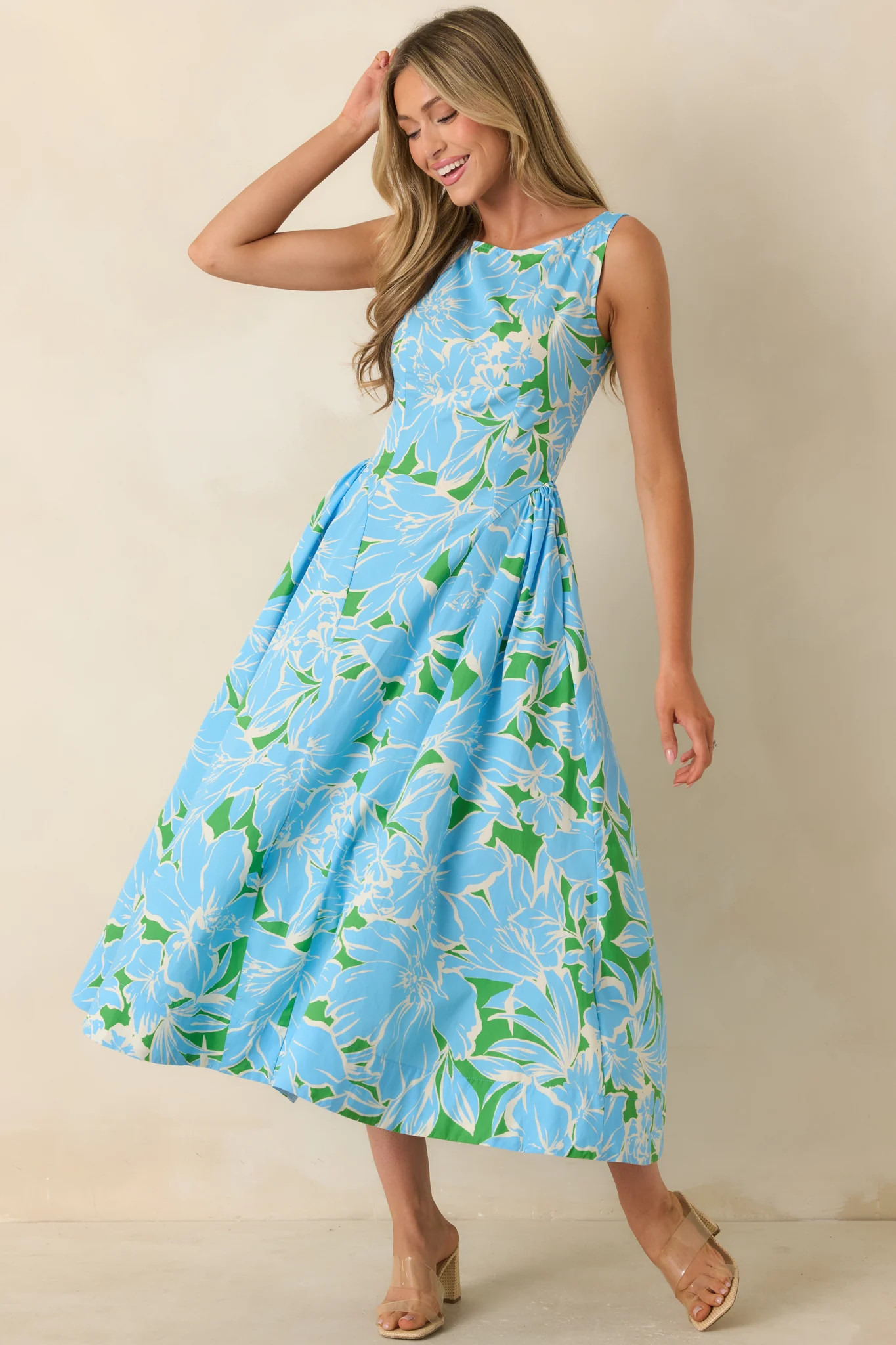What A Delight Blue Floral Cotton Midi Dress | Red Dress