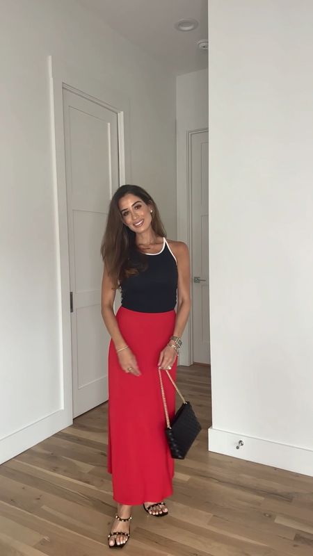 Red satin skirt xxsp black and white trim bodysuit xxs black bag code AFBELBEL petite friendly summer outfit black heels 

#LTKFindsUnder50 #LTKFindsUnder100 #LTKSaleAlert