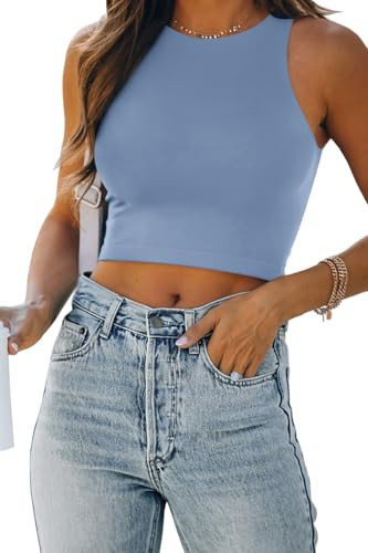 EFAN Womens Sexy Sleeveless Double Lined Crop Tops Workout Cute Tight Racerback Tank Tops Summer Clothes Teen Girls 2025 Light Blue L | Amazon (US)