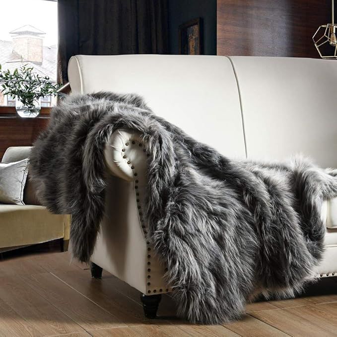 Luxury Faux Fur Throw Blanket, Grey and Black High Pile Mixed Throw Blanket, Super Warm, Fuzzy, E... | Amazon (US)
