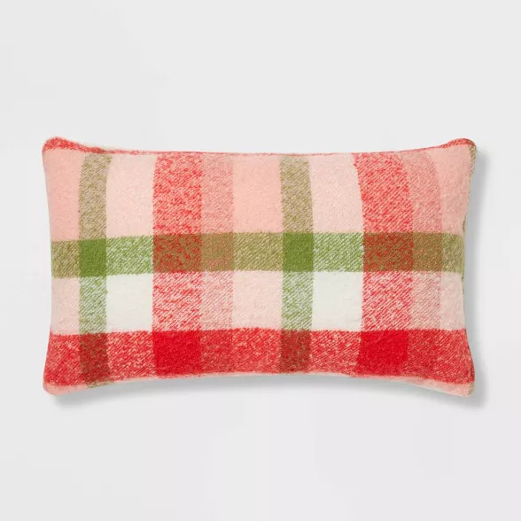 Plaid Boucle to Faux Rabbit Fur Reversible Christmas Throw Pillow Ivory - Threshold™ | Target