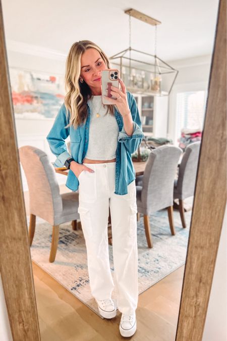 Casual cargo pants - uses the trend without going to the extreme 😃

Shop talulah pants
Target denim shirt
Nordstrom boxy crop tee
Converse platforms 