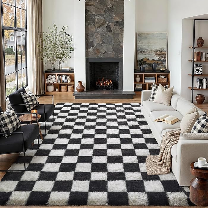 Checkered Rug 8x10 for Living Room, Black and White Modern Shag Rugs Super Soft Washable Indoor O... | Amazon (US)