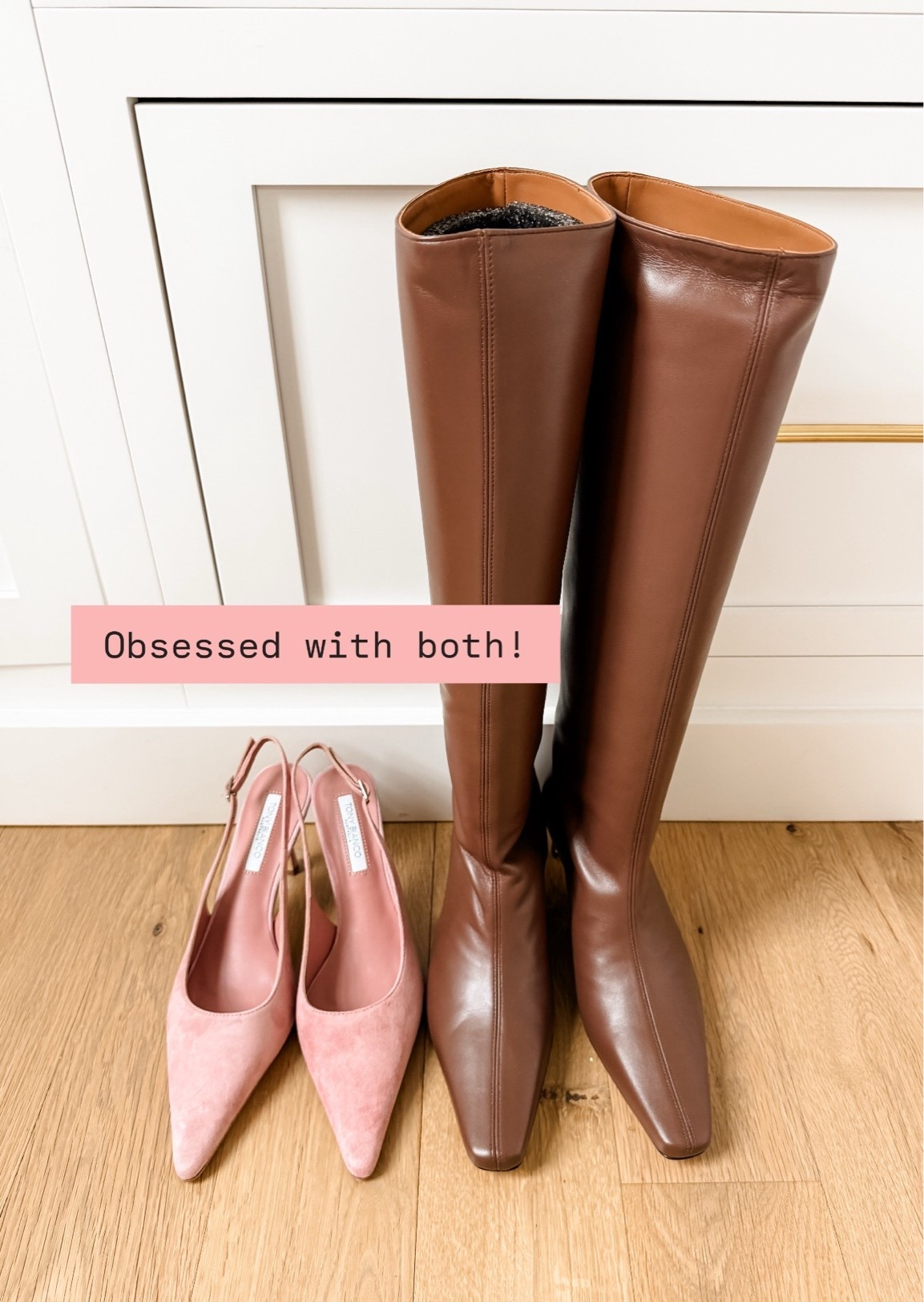 How cute are these heels?! These are getting me so excited for fall styling! 

Loverly Grey, pink slingback heels, brown leather tall boots