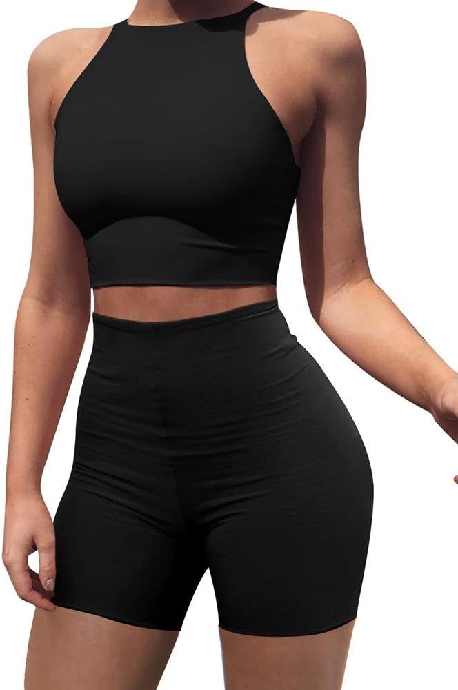 BEAGIMEG Women's Sexy 2 Pieces Outfit Halter Crop Top Bodycon Shorts Set | Amazon (US)