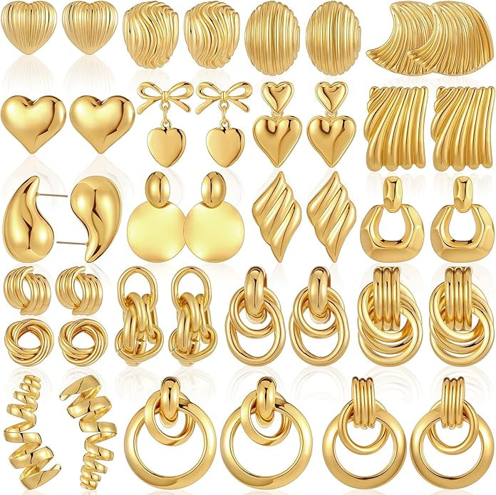 Remuuly 20 Pairs Chunky Gold Earrings Set Circle Hoop Earrings Gold Heart Dangle Stud Wavy Shell ... | Amazon (US)