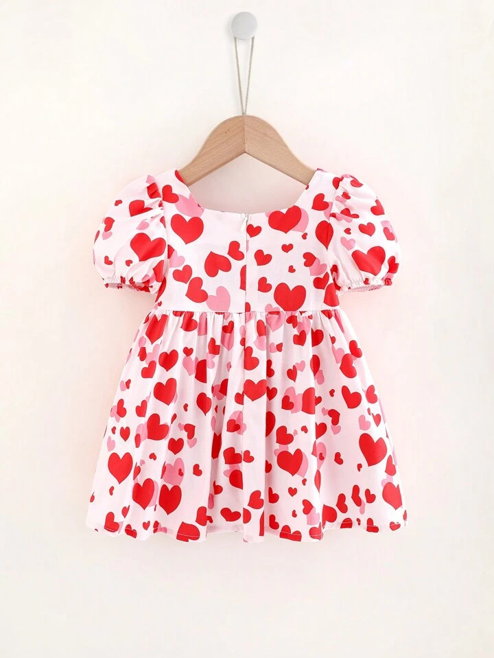 Cozy Pixies Baby Girl Heart Pattern Colorblock Big Bow Collar Bubble Short Sleeve Dress, Valentin... | SHEIN