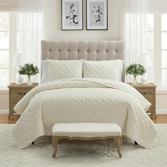 My Texas House Charlotte 3-piece Trellis Velvet Quilt Set, Full/Queen, Off White | Walmart (US)